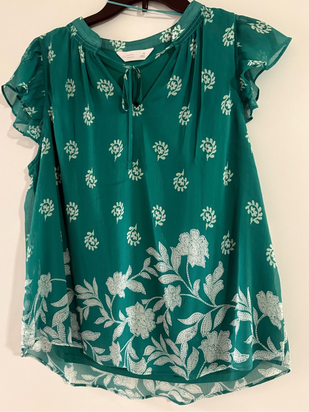 LC Lauren Conrad Teal Floral Tie-Neck Blouse